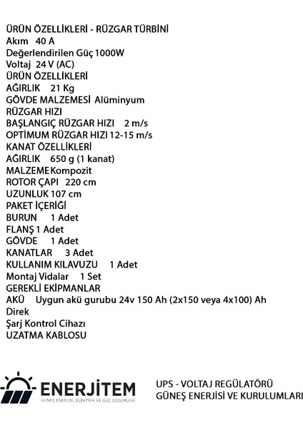 E-1000 24V Rüzgar Türbini Enerjitem