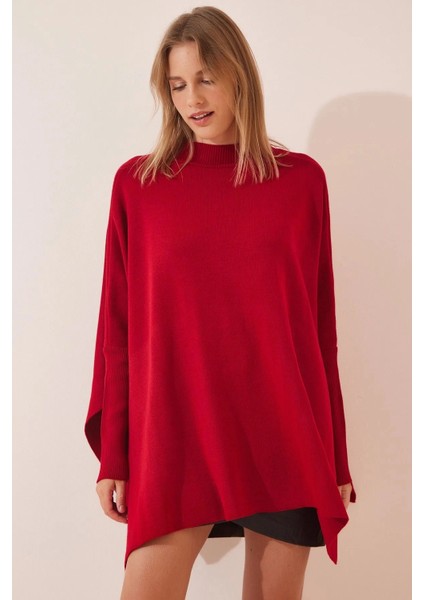 Kadın Bordo Oversize Yırtmaçlı Panço Triko Kazak HZL23W-BD1100761