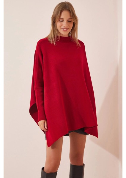 Kadın Bordo Oversize Yırtmaçlı Panço Triko Kazak HZL23W-BD1100761 modelleri