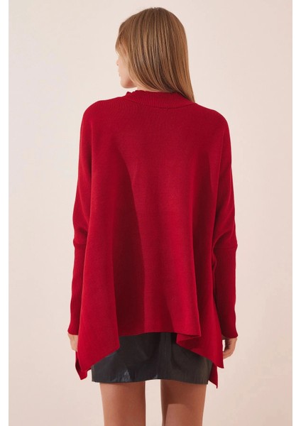 Kadın Bordo Oversize Yırtmaçlı Panço Triko Kazak HZL23W-BD1100761 fırsatları