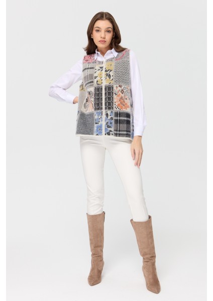 Kadın Sıfır Yaka Patchwork Yelek Kemik