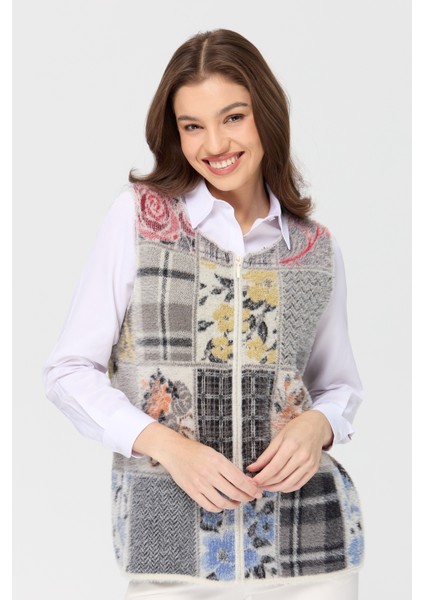 Kadın Sıfır Yaka Patchwork Yelek Kemik