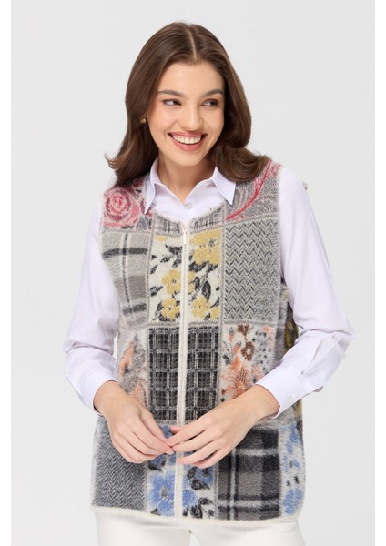 Kadın Sıfır Yaka Patchwork Yelek Kemik