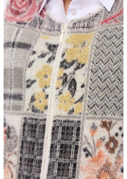 Kadın Sıfır Yaka Patchwork Yelek Kemik