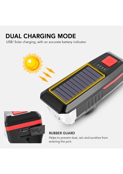 Güneş Enerjili USB Şarjlı Bisiklet Lambası Fener Ön Far Işık Aydınlatma Kornalı