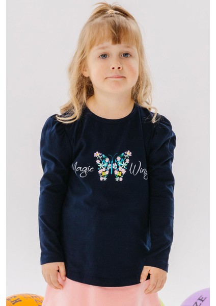 Kız Çocuk Uzun Kollu Tişört Çiçek Baskılı 1.5-5 Yaş, Lacivert