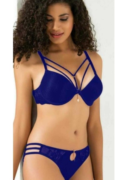 5020 Violet Bra Takım Silikonlu Taşlı Simli Sütyen Takım