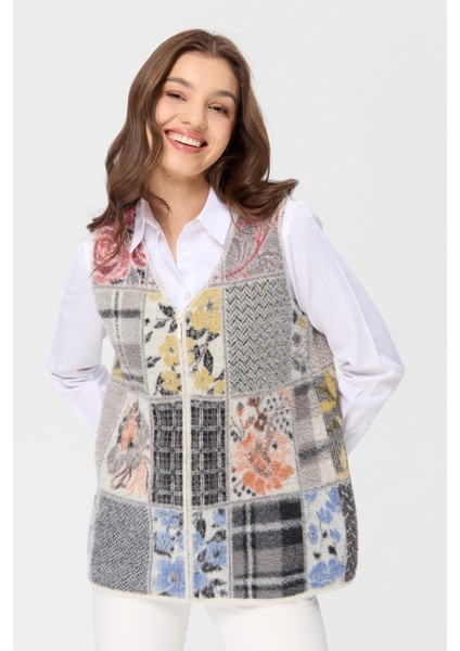 Kadın V Yaka Patchwork Yelek Kemik