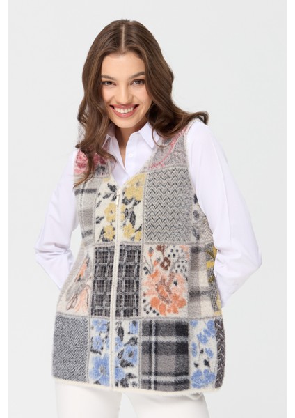 Kadın V Yaka Patchwork Yelek Kemik