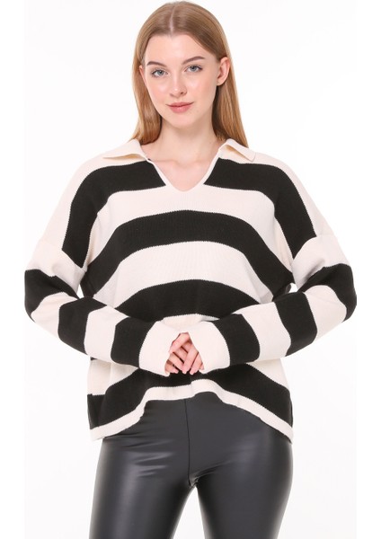 Kadın Beyaz Siyah Çizgili Gömlek Yaka Triko Kazak fiyatları