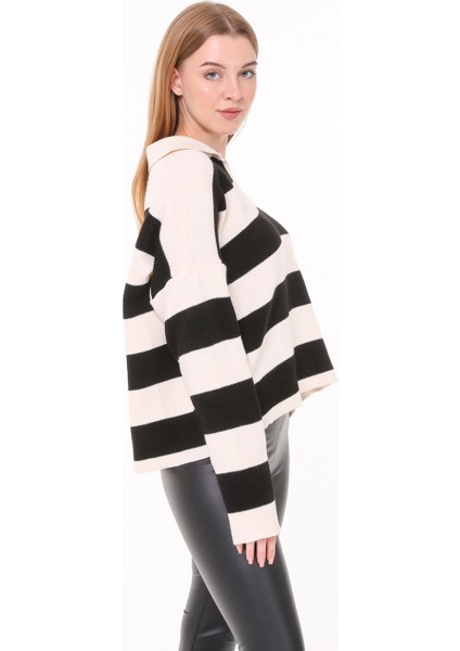 Kadın Beyaz Siyah Çizgili Gömlek Yaka Triko Kazak indirimleri