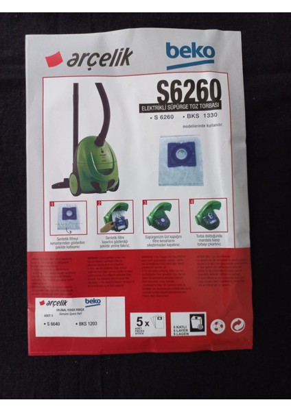 ARÇELİK S 6260 - BEKO - ELEKTRİKLİ SÜPÜRGE UYUMLU SENTETİK TOZ TORBASI - 20 ADET - SİYAH PLASTİK - 5 KATMANLI - ( UYUMLU MODELLER AÇIKLAMADA ) fiyatları