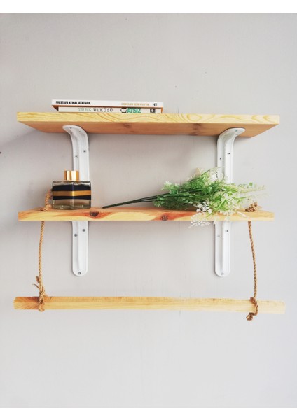 Halatlı Ahşap Dekoratif Duvar Rafı 50X11 Cm, Metal Beyaz Ayaklı fiyatları