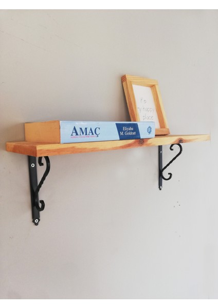 Siyah Ferforje Ayaklı, Ahşap Kitaplık Duvar Rafı 50X11CM