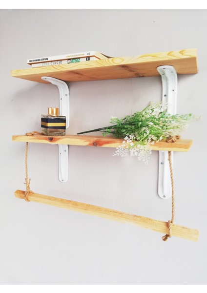 Halatlı Ahşap Dekoratif Duvar Rafı 50X11 Cm, Metal Beyaz Ayaklı modelleri