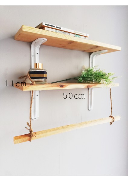 Halatlı Ahşap Dekoratif Duvar Rafı 50X11 Cm, Metal Beyaz Ayaklı fırsatları