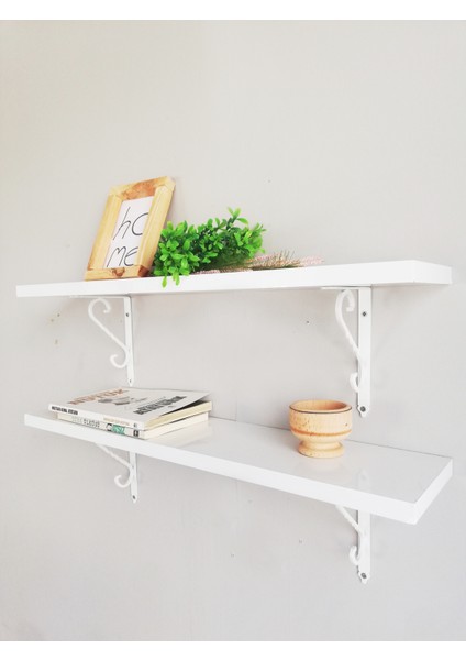 2'li Beyaz Ferforje Metal Ayaklı, Beyaz Dekoratif Duvar Rafı 60X14 cm modelleri