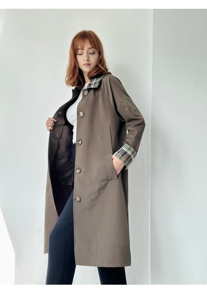 Ekose Yaka İngiliz Stili Tasarım Trenchcoat Kadın Hâkî