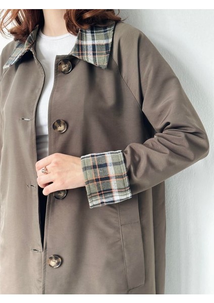 Ekose Yaka İngiliz Stili Tasarım Trenchcoat Kadın Hâkî