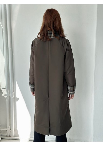 Ekose Yaka İngiliz Stili Tasarım Trenchcoat Kadın Hâkî