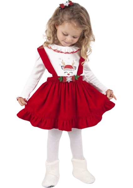 Kız Çocuk %100 Pamuk Badilli Kış ve Yeni yıl Yılbaşı Temalı Saç ve Kemer Tokalı Kırmızı Salopet Elbise (2-3-4-5 Yaş)