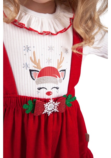 Kız Çocuk %100 Pamuk Badilli Kış ve Yeni yıl Yılbaşı Temalı Saç ve Kemer Tokalı Kırmızı Salopet Elbise (2-3-4-5 Yaş) modelleri