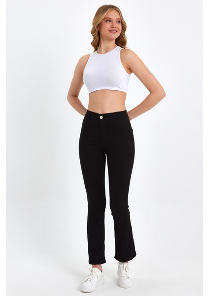 İspanyol Paça Cepsiz Jegging Model Solmayan Siyah Pantolon