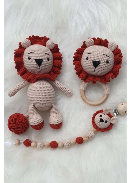 Kelebeğin Rüyası Hobi Evi Amigurumi Yenidoğan Hediyelik Aslan Uyku Arkadaşı, Çıngırak,emzik Zinciri Set