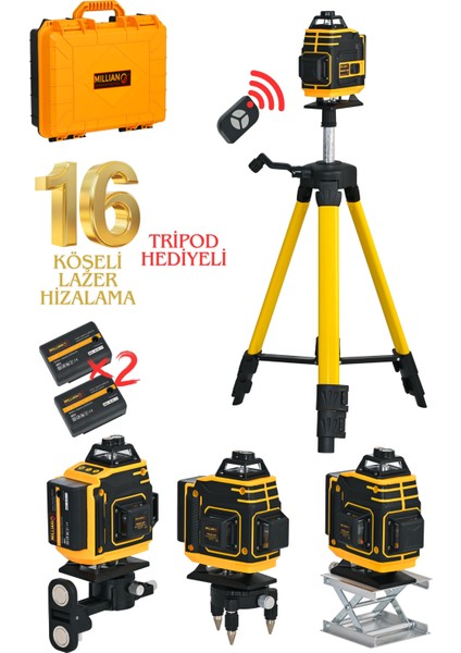 Tripod Hediyeli Uzaktan Kumandalı 16 Köşeli 360 Derece Çizgi Hizalama Lazer Makinesi Seviye Cihazı