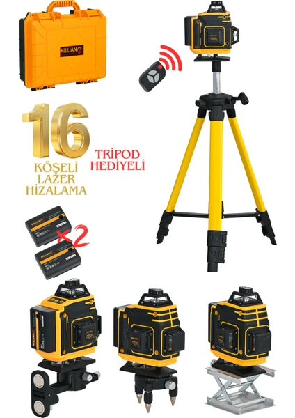 Tripod Hediyeli Uzaktan Kumandalı 16 Köşeli 360 Derece Çizgi Hizalama Lazer Makinesi Seviye Cihazı