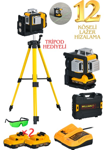 Italy Tripod Hediye 360° 12 Köşe 50 Metre Ölçüm 2 Akülü Çizgili Lazer Metre Çizgi Hizalama Makinesi