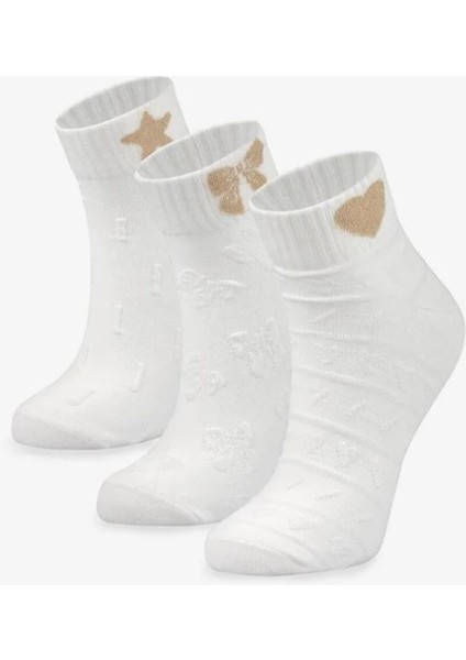 3'lü Simli Nakışlı Kısa Çorap