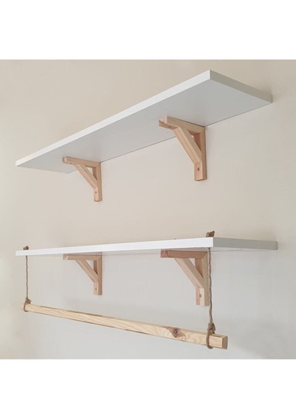 Halatlı Askılı Ahşap Beyaz Dekoratif Duvar Rafı Derinlik 20 cm 2'li