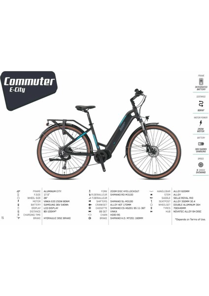 Commuter 28 Elektrikli Şehir Bisikleti 9V Hd 17.5 Mat Siyah-Füme-Turkuaz