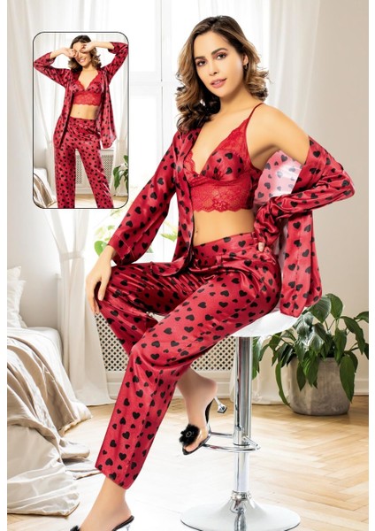 Kırmızı Kalpli Sabahlıklı Saten Pijama Takımı 3'lü Mirabella 5026