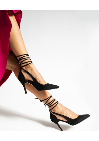 Siyah Süet Bilekten Bağlamalı Stiletto Kadın Topuklu Ayakkabı