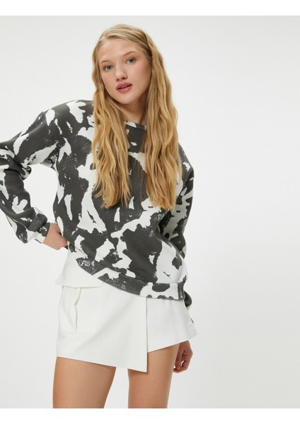 Oversize Sweatshirt Renk Kontrastlı Batik Desenli Uzun Kollu Bisiklet Yaka