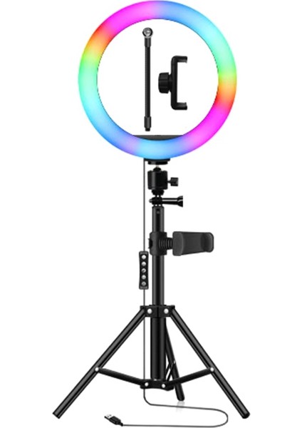 10 Inç Rgb Halka Işık Tripod LED Halka Işık Standlı Selfie Halka Işık 1.63M Zemin Standlı Rgb Video Işığı (Yurt Dışından)