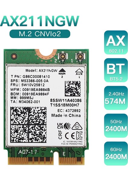 AX211NGW Wifi 6e M.2 Anahtar E Cnvio2 Çift Bant 2.4ghz/5ghz Kablosuz Ağ Kartı 802.11AC Bluetooth 5.2 Adaptörü (Yurt Dışından)