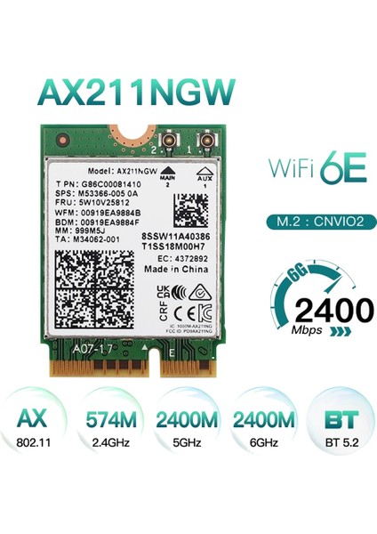 AX211NGW Wifi 6e M.2 Anahtar E Cnvio2 Çift Bant 2.4ghz/5ghz Kablosuz Ağ Kartı 802.11AC Bluetooth 5.2 Adaptörü (Yurt Dışından)