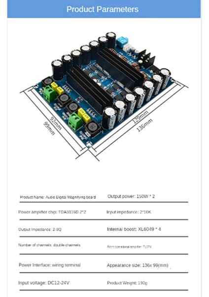 XH-M641 Çift Kanallı Yüksek Güçlü Güç Amplifikatörü Kartı TPA3116D2 Araç Güç Amplifikatörü 2X150W (Yurt Dışından)