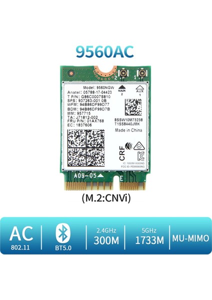 9560NGW Antenli Wifi Kartı 1730MBPS Kablosuz Ac 9560 2.4g+5g Bt 5.0 802.11AC M.2 Cnvı 9560NGW Kablosuz Adaptör A (Yurt Dışından) fiyatları