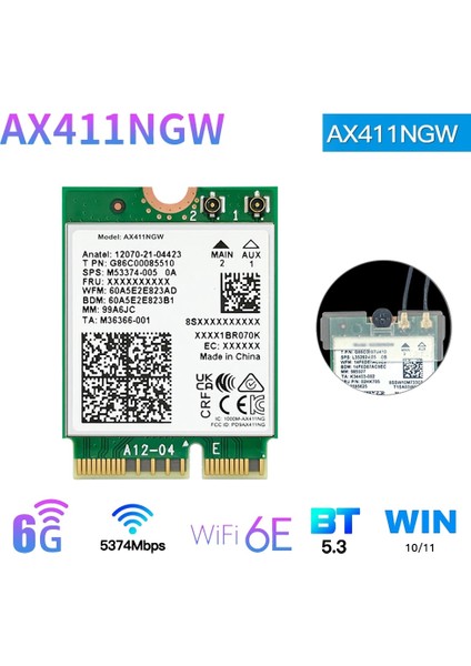 AX411 Wifi Kartı + Anten Wifi 6e Cnvio2 Bt 5.3 -Band Dizüstü Bilgisayar/pc WIN10/11-64BIT Için 5374MBPS Ağ Adaptörü (Yurt Dışından)