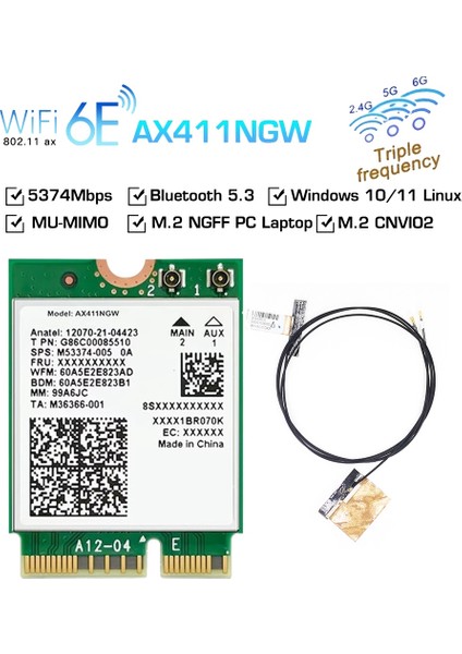 AX411 Wifi Kartı + Anten Wifi 6e Cnvio2 Bt 5.3 -Band Dizüstü Bilgisayar/pc WIN10/11-64BIT Için 5374MBPS Ağ Adaptörü (Yurt Dışından)