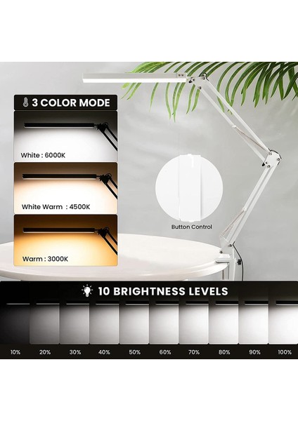 Kelepçeli LED Masa Lambası, 10W Salıncak Kolu Masa Lambası, 3 Aydınlatma Modu, Çalışma, Çizim, Ofis Için Ayarlanabilir Masa Lambası (Yurt Dışından)