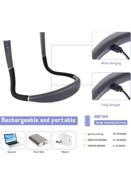 Boyun Okuma Işığı USB Şarj Edilebilir Arka Işık Yatakta 3 Renk ve 3 Parlaklık Ayarlanabilir Kitap Işığı Kitap Okuma Işığı (Yurt Dışından) modelleri