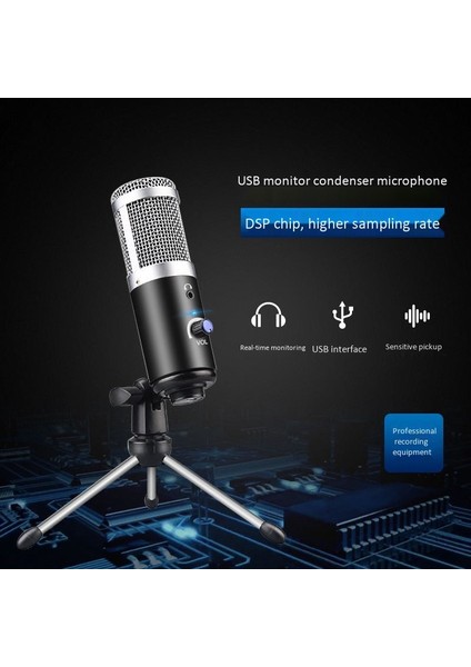 Metal USB Kondenser Mikrofon Profesyonel Kiti Video Pc Windows Studio Kayıt Için Masaüstü Tripod Siyah (Yurt Dışından)