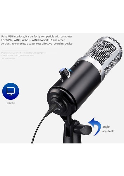 Metal USB Kondenser Mikrofon Profesyonel Kiti Video Pc Windows Studio Kayıt Için Masaüstü Tripod Siyah (Yurt Dışından)
