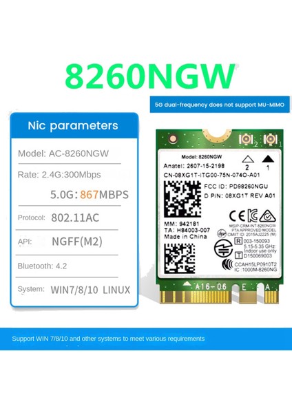 8260 8260NGW Wifi Kartı + 2X8DB Anten 2.4g/5 Ghz 867 M Bluetooth 4.2 Ngff M.2 Wifi Kablosuz Kart Modülü Ac 8260 Için (Yurt Dışından)