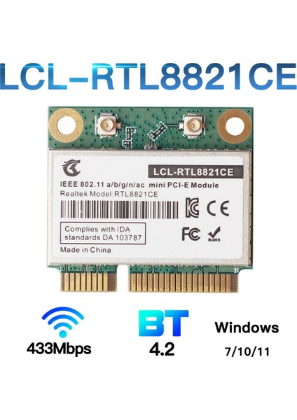 RTL8821CE 802.11AC Bluetooth 4.2 433 Mbps 2.4 Ghz/5 Ghz Çift Bant Mini Pcıe Wifi Kart RTL8821 Desteği Dizüstü Bilgisayar/pc (Yurt Dışından)